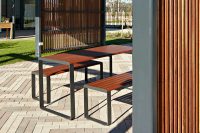 Linea Table (LIT10, 1800) and Bench (1500) with aluminium Bush Cherry battens, Textura Monument frame.