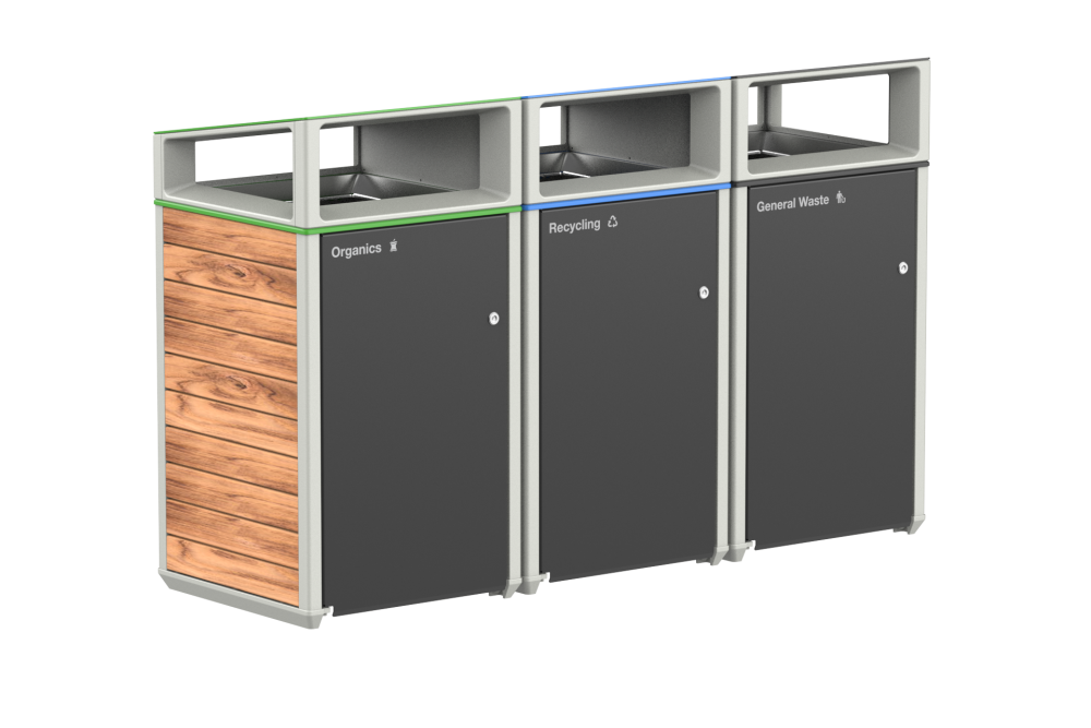 Three-section outdoor waste station with a wooden left panel and bins labeled Organics, Recycling, and General Waste on gray doors.