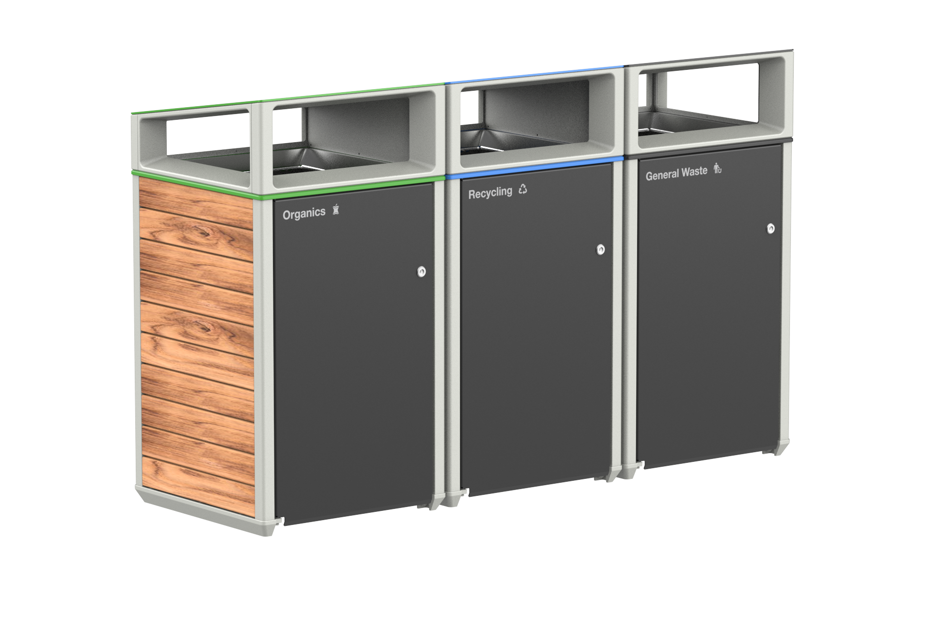 Three-section outdoor waste station with a wooden left panel and bins labeled Organics, Recycling, and General Waste on gray doors.