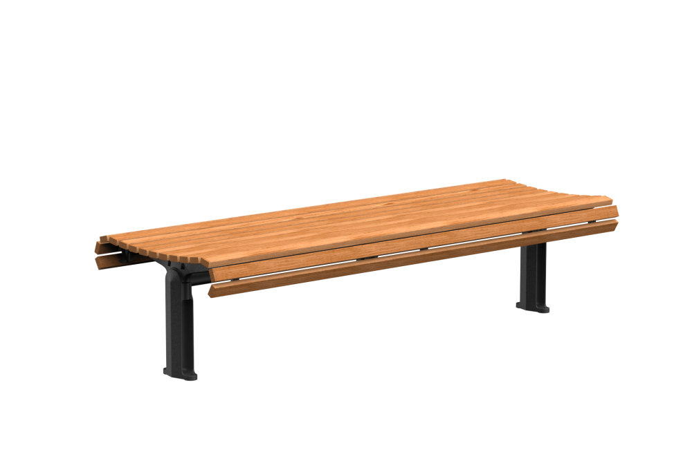 Street-Furniture-Australia_Classic_01 - Street Furniture Australia Long outdoor wooden slat bench with reddish-brown metal supports, viewed from the side against a white background.
