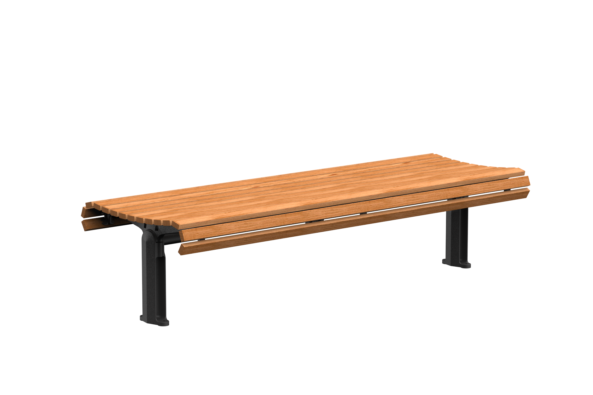 Street-Furniture-Australia_Classic_01 - Street Furniture Australia Long outdoor wooden slat bench with reddish-brown metal supports, viewed from the side against a white background.