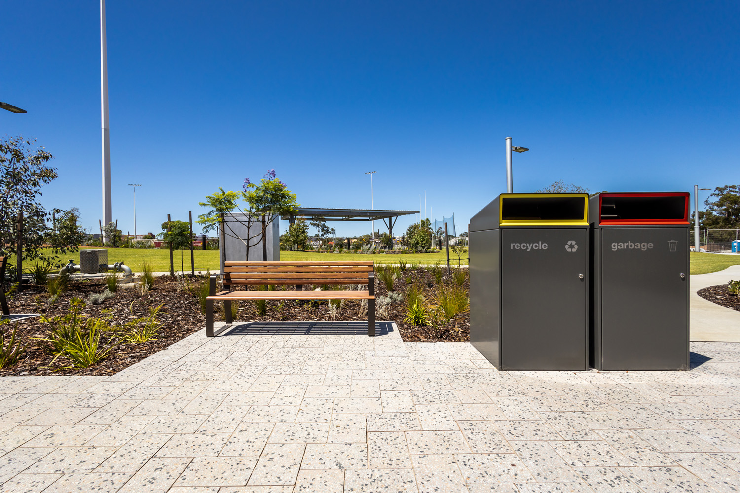 Escola Bin Enclosure (WBE-E240) in Woodland Grey, Rectangle insert in Brilliant Yellow and Lobster Red.