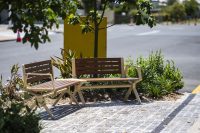 Aria Seating System (2S-C45-2S) Splay leg and arm, aluminium Bush Cherry battens, Textura Doe Skin frame.