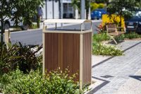 Frame Bin Enclosure (WBE-nF240-BAT) Curved roof, aluminium Bush Cherry battens, Textura Doe Skin frame.