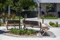 Aria Seating System (2S-C45-3S-C45-2S) with aluminium Bush Cherry battens, Textura Doe Skin frame.