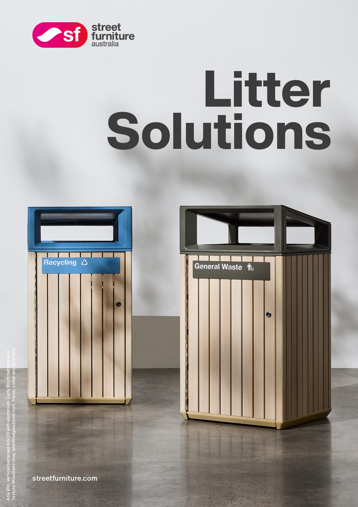 Two wooden litter bins labeled Recycling and General Waste with blue and dark gray tops, logo and 'Litter Solutions' text above, street furniture Australia branding.