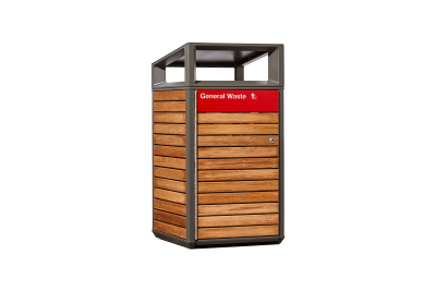 General waste bin with wooden slats and a red 'General Waste' label in a metal frame