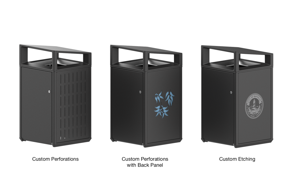 Three black metal trash cans shown side by side, each labeled with a customization option: left 'Custom Perforations', middle 'Custom Perforations with Back Panel', right 'Custom Etching'.