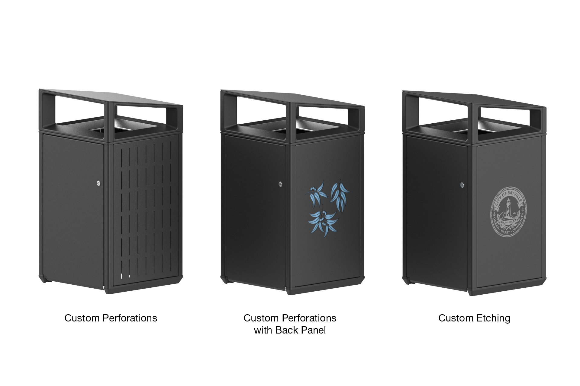 Three black metal trash cans shown side by side, each labeled with a customization option: left 'Custom Perforations', middle 'Custom Perforations with Back Panel', right 'Custom Etching'.