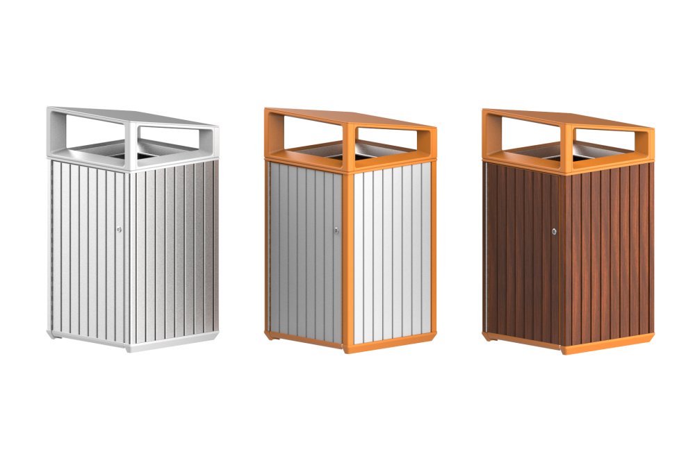 Three modern rectangular waste bins in different finishes: silver, orange, and wood, each with a square open-top frame and vertical slats at the sides.