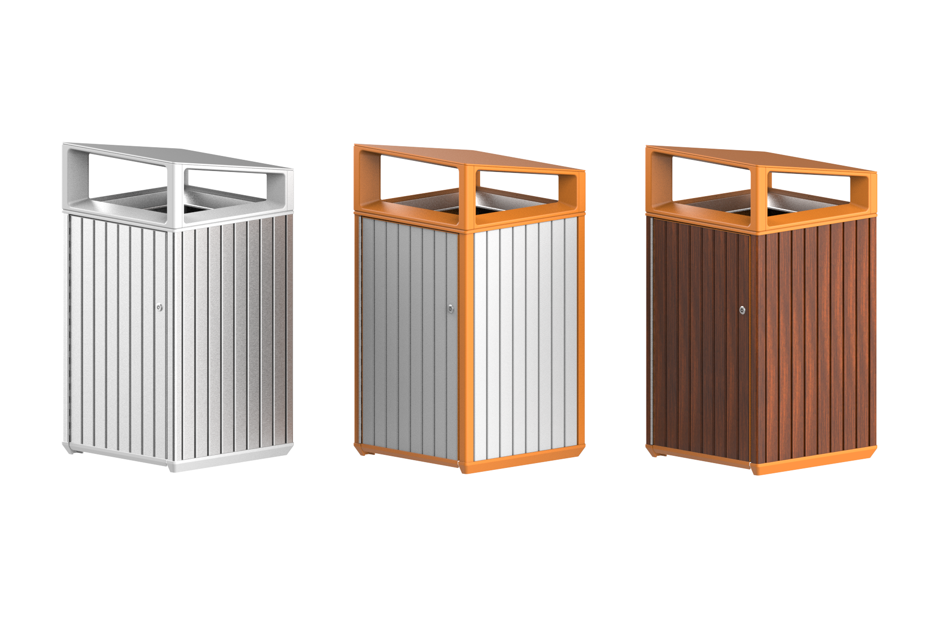 Three modern rectangular waste bins in different finishes: silver, orange, and wood, each with a square open-top frame and vertical slats at the sides.