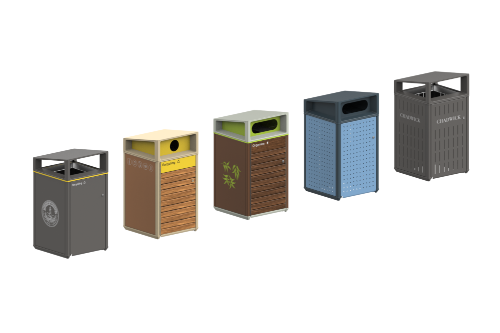Five outdoor waste and recycling bins arranged diagonally from left to right in gray, tan, green, blue, and dark gray colors.