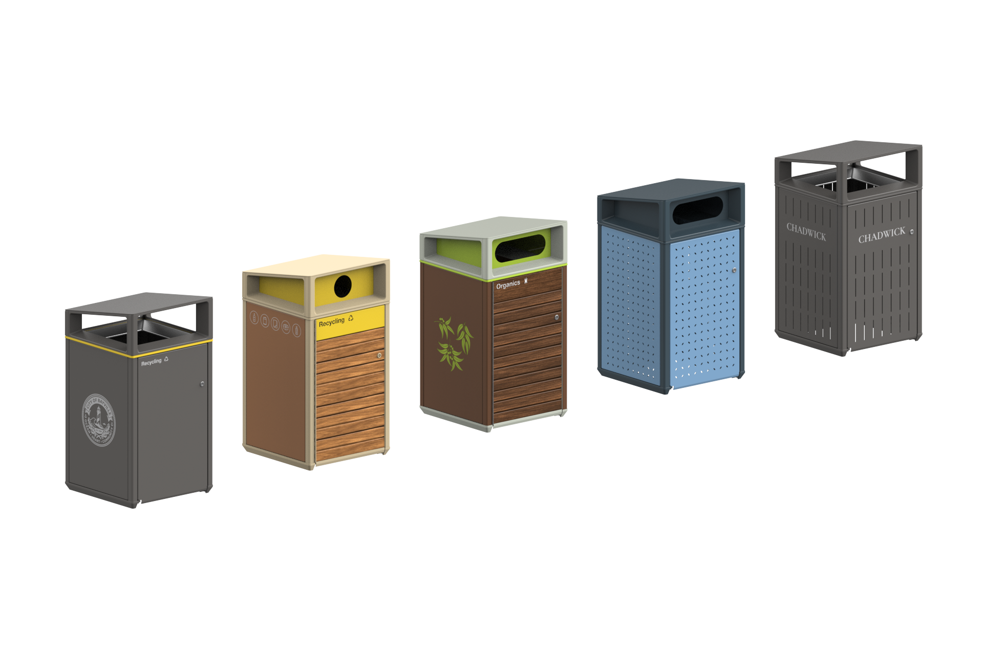 Five outdoor waste and recycling bins arranged diagonally from left to right in gray, tan, green, blue, and dark gray colors.