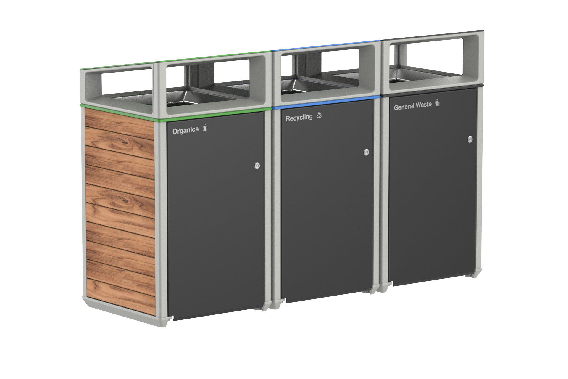 Three-section outdoor waste station with a wooden left panel and bins labeled Organics, Recycling, and General Waste on gray doors.
