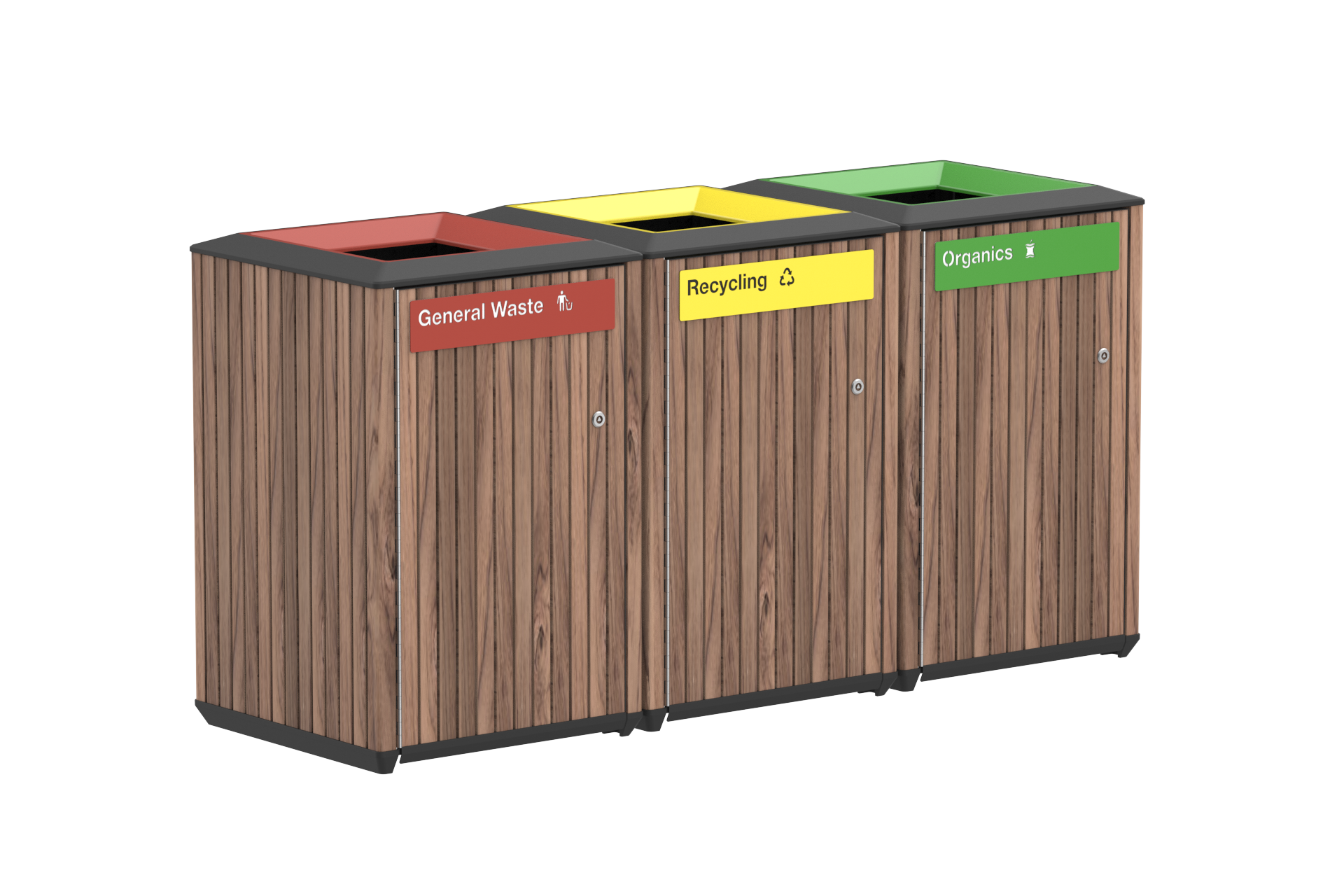 Triple wooden waste bins labeled General Waste (red), Recycling (yellow), and Organics (green) for waste separation.