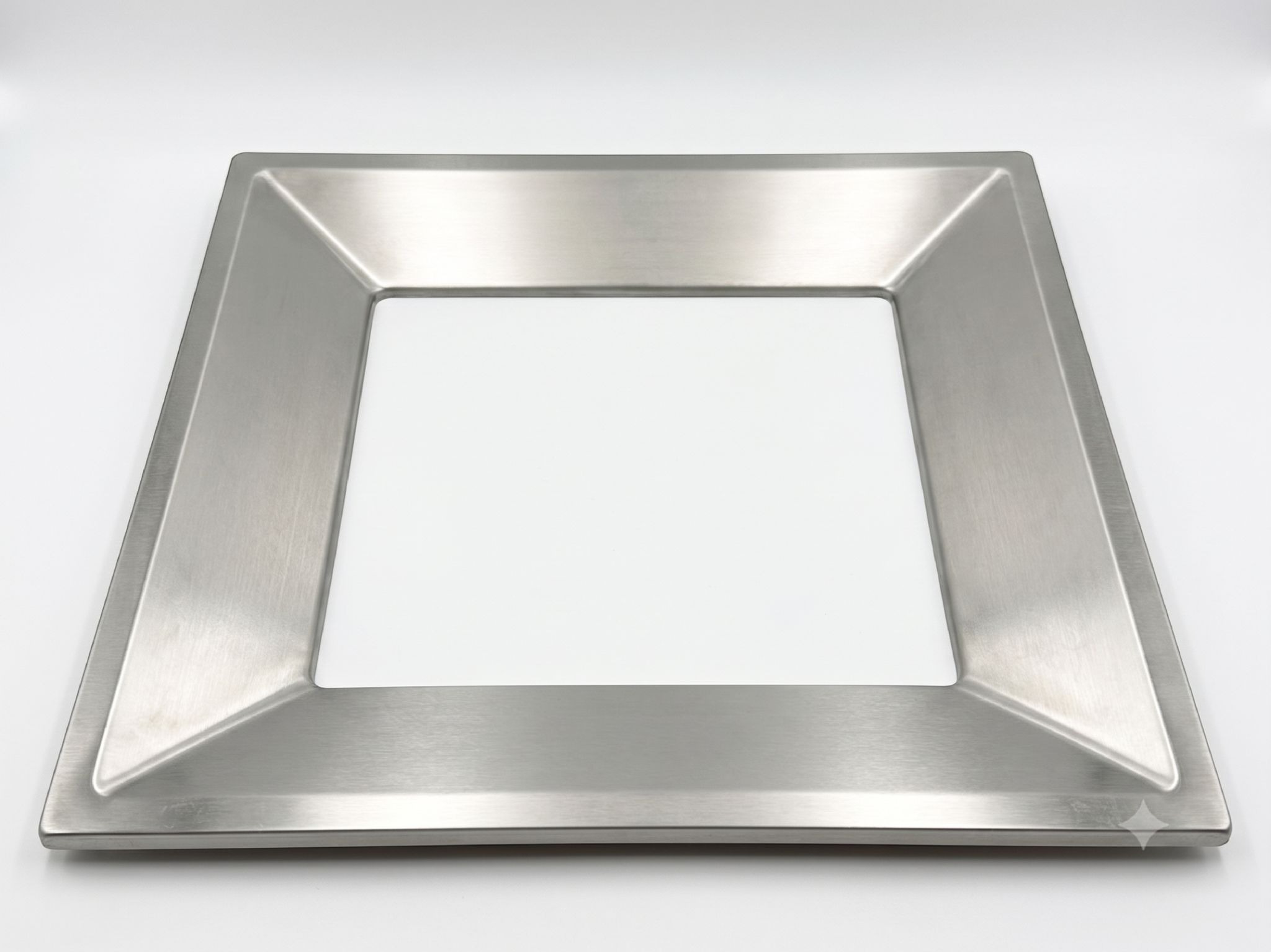 Brushed stainless steel square frame with an inner rectangular opening against a white background.