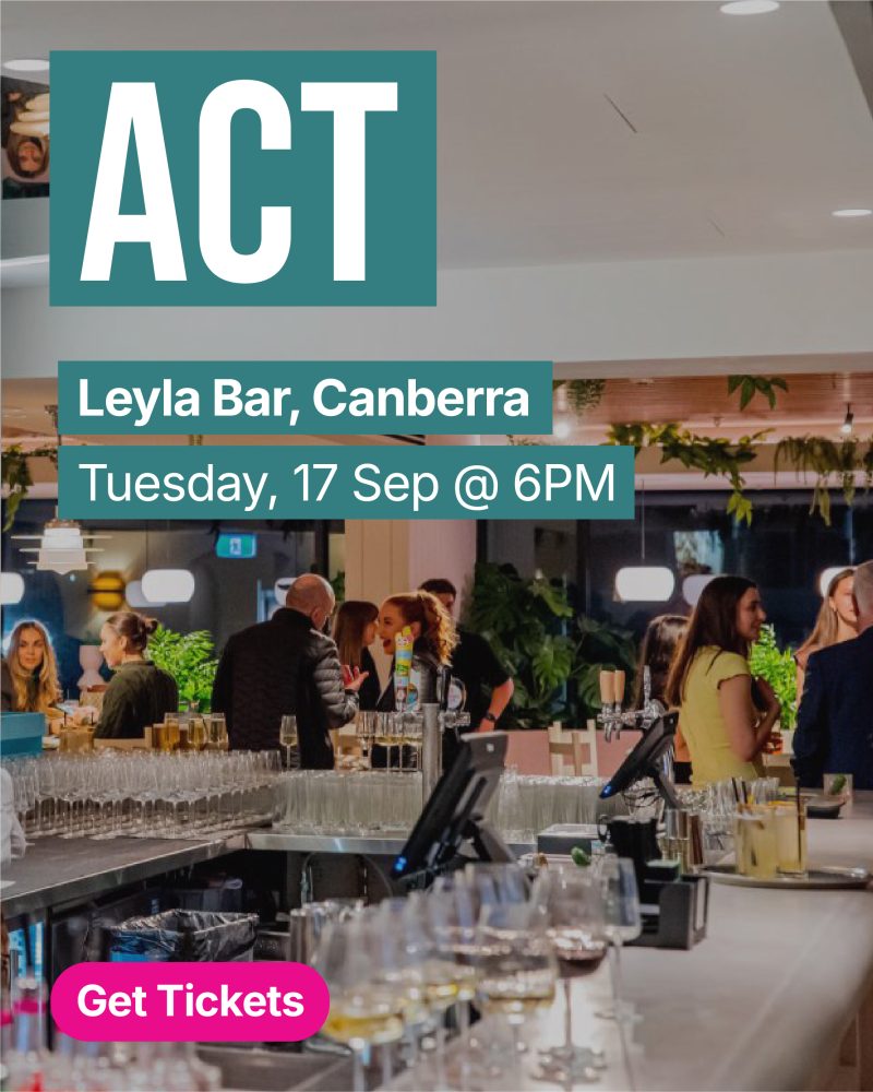 Promotional banner over a busy bar scene advertising ACT at Leyla Bar, Canberra, with a pink 'Get Tickets' button in the foreground.
