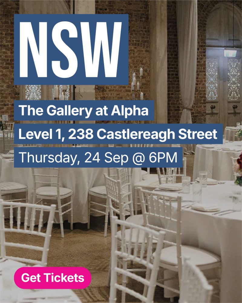 Poster for NSW: The Gallery at Alpha with event details (Level 1, 238 Castlereagh Street) and date/time; venue image shows brick walls and white chairs.