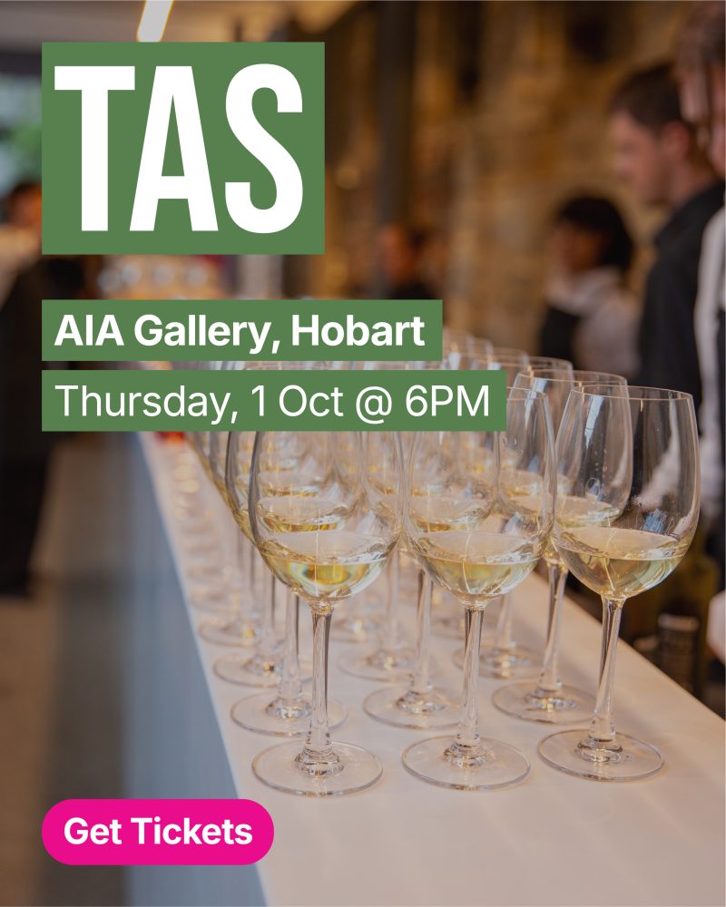 Tas event poster: large green logo with 'TAS' and text 'AIA Gallery, Hobart' and 'Thursday, 1 Oct @ 6PM' over a blurred background of a wine-glass setup; 'Get Tickets' button visible.