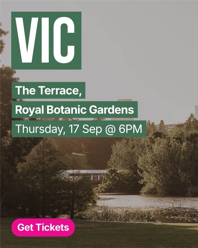 Graphic poster featuring a large green 'Vic' logo on the left, with stacked green banners displaying 'The Terrace, Royal Botanic Gardens' and 'Thursday, 17 Sep @ 6PM', over a landscape background and a pink rounded 'Get Tickets' button at the bottom left.