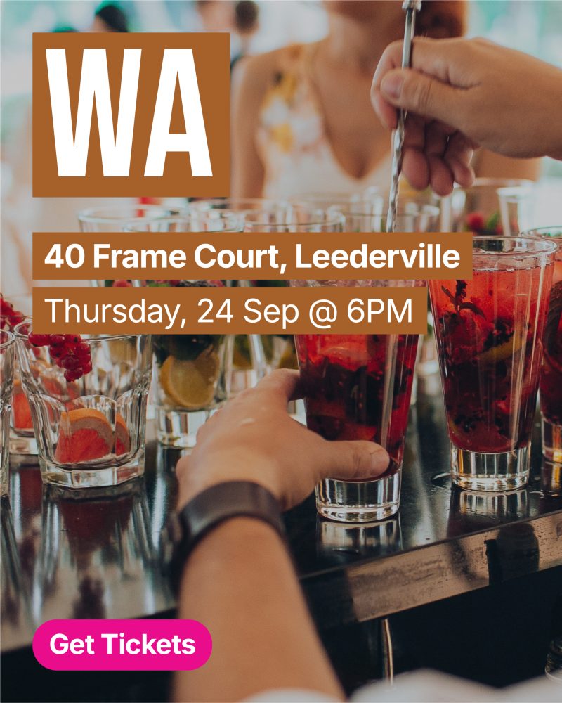 Group of people toasting with cocktails at a bar, overlaid with event text and a pink 'Get Tickets' button.