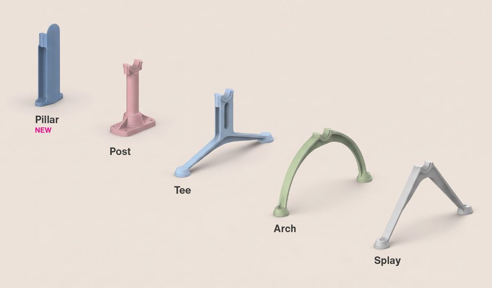 Leg_Mounting Options_NEW_Street Furniture Australia - Street Furniture Australia Five pastel-colored pipe fittings arranged in a row with labels: Pillar (NEW), Post, Tee, Arch, and Splay.