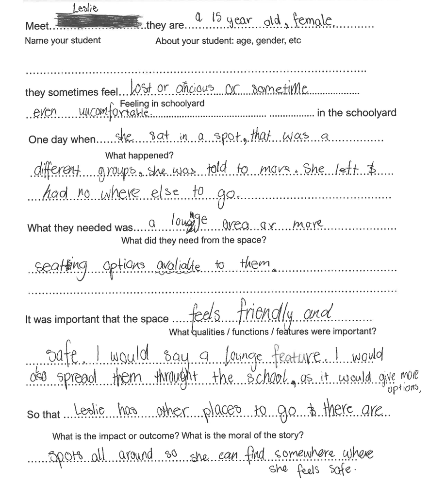 School L - Year 9-10 Girls - Story scan - Lara - Street Furniture Australia Handwritten worksheet page with questions and student answers about a 15-year-old female student named Leslie, her feelings, and needs in the schoolyard area.